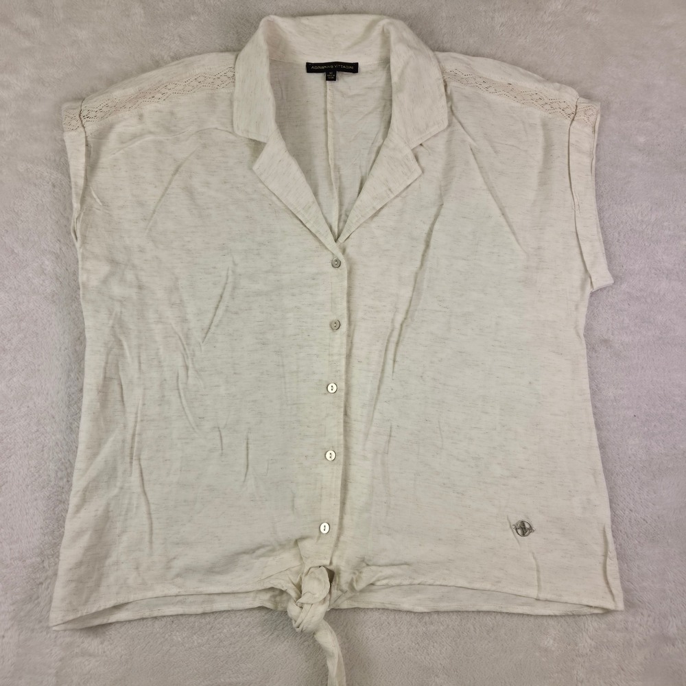 Adrienne Vittadini Womens 1X White Slub Knit Tie Front Blouse Lace Shoulder Top